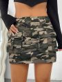 SHEIN Coolane Women'S Camouflage Print Flap Pocket A-Line Skirt