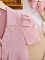 SHEIN Kids CHARMNG Tween Girls' Short Sleeve Blazer With Stand Collar, Detachable Sleeveless Contrast Belt Print Jumpsuit 2pcs/Set
