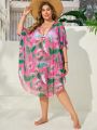 SHEIN Swim Vcay Women's Plus-Size Tropical Printed V-Neck Loose Cover Up