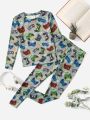 SHEIN Teenage Boys' Casual & Comfortable Gamepad Patterned Long Sleeve Pyjamas Set With Long Pants