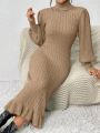Fashionable Women's High Neck Lantern Sleeve Fish Tail Sweater Dress