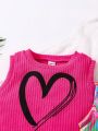 SHEIN Kids FANZEY Little Girls' Marble Heart Print Tank Top And Shorts Set