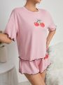 Cherry Printed Colorblock Pajama Set With Lettuce Trim