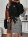SHEIN LUNE Colorblock Turtleneck Long Sleeve Knitted Dress
