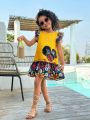 SHEIN Kids Cooltwn Young Girls' Daily Casual Colorblock Cartoon Butterfly Print Cap Sleeve Dress