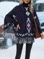 Geo Pattern Batwing Sleeve Fringe Trim Knit Poncho