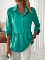 Solid Color Roll-Up Sleeves Half Buttoned Casual Shirt