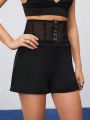 SHEIN BIZwear Women's Lace Spliced High Waisted Shorts