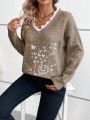 Butterfly Embroidery Lace Trim V-Neck Sweater