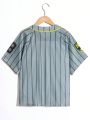 SHEIN Kids Cooltwn Tween Boys' Casual Loose Woven Shirt With Letter, Stripe, And Print Design, Round Neck, And Button Front