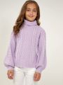 SHEIN Kids EVRYDAY Girls Turtleneck Cable Knit Lantern Sleeve Sweater