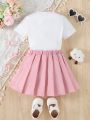 SHEIN Kids EVRYDAY Young Girl Cute Lovely Heart Decor T-Shirt And Pleated Skirt Set