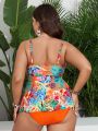 SHEIN Swim Vcay Plus Size Tropical Print Hollow Out Front Cami Top And Triangle Bottom Bikini Set