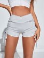 SHEIN Daily&Casual Women's High Waist Square Cut Shorts With Drawstring, Sexy Peach Hip