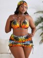 SHEIN Swim Vcay Plus Size Tropical Print Ombre Swimsuit 4pcs Set