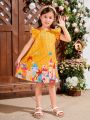 SHEIN Kids SUNSHNE Young Girls' Woven Loose Fit Casual Dress With Cute Pattern, Round Neck And Flying Sleeves