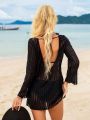 SHEIN Swim Basics Semi-Transparent Long Sleeve Hollow Out Cover Up