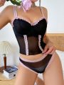 Ladies' Contrast Lace Bra Top & Triangle Panties Set With Underwire Support