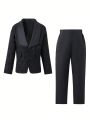 Tween Boy Solid Shawl Collar Jacquard Blazer & Suit Pants