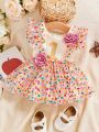 SHEIN Baby Girl'S Casual, Romantic, Elegant, Cute And Fun Digital Printing Patterned Dress With 3d Rose Label, Colorful Polka Dot Mesh Skirt, Suitable For Parties And Outings In Spring And Summer