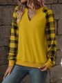 Women'S Plaid Patchwork Raglan Sleeve Sweatshirt With Notched Collar