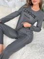 Women's Dark Grey Letter Print Ribbed Loungewear Set