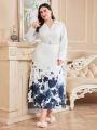 SHEIN Modely Plus Size Floral Button Decorated Long Sleeve Dress Without Belt