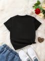 SHEIN Kids QTFun Boys' Cute Style Solid Color Letter Print Short Sleeve T-Shirt With Round Neck, Summer