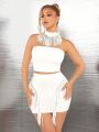 SHEIN SXY Fringe Embellished White Party Dress Set