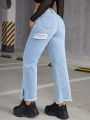 SHEIN ICON Women'S Distressed Ripped Hem Denim Jeans