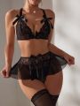 SHEIN Ladies' Lace Sexy Lingerie Set With Bow Decoration