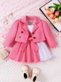 Baby Girls' Notched Collar Double Breasted Blazer Coat And Colorblock Cami Dress Set