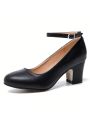 Women's Ankle Strap Low Block Chunky Heels Pumps Closed Round Toe Dress Wedding Office Work Shoes
