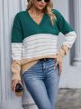 SHEIN LUNE Striped Pattern Colorblock Drop Shoulder Sweater