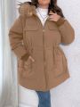 Plus Drawstring Waist Fuzzy Trim Hooded Parka Coat