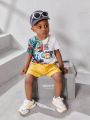 Baby Boy Tiger Jungle Printed Short Sleeve Top With Solid Color Shorts Casual Outfits