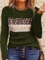 Plus Size Women's Leopard Printed Patchwork Long Sleeve T-Shirt