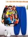 SHEIN Kids HYPEME Tween Boys Casual Hoodie With Tiger Printed And Solid Color Pants Set