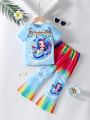 SHEIN Kids CHARMNG Young Girls' Summer New Arrival Simple Mermaid Printed T-Shirt & Bell Bottom Pants Set