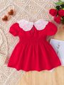 Infant Girls' Romantic Puff Short Sleeve Dress With Eyelet Embroidery And Peter Pan Collar, Elastic Waist