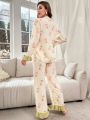 Floral Print Ruffle Trim PJ Set