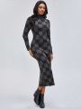 CreativeWingy Women's High Neck Plaid Slim Fit Sweater Dress With Hip-hugging Design