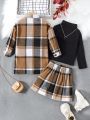 SHEIN Kids SUNSHNE Toddler Girls' Solid Color T-shirt, Plaid Button-up Cardigan And Skirt Outfit