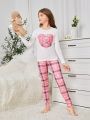 Tween Girl 1pc Cartoon Printed Long Sleeve T-Shirt And 1pc Plaid Patterned Pants Pajama Set For Mommy And Me Matching Outfits