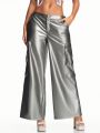 SHEIN BAE Women's Solid Color Metallic Low Waist Wide Leg Utility Pants With 3d Pockets