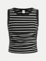 SHEIN Big Girls' Fashionable Street Style Knitted Striped Sleeveless Vest For Sports