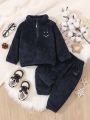 Baby Girl Expression Embroidery Half Zip Teddy Sweatshirt & Pants