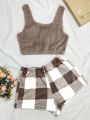 Women's Plush Vest And Plaid Shorts Home Clothing Set