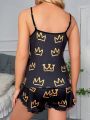 Crown Print Contrast Binding Bow Front Lettuce Trim PJ Set