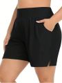 Women's Plus Size Plain Shorts With Diagonal Pockets And Slit Hem